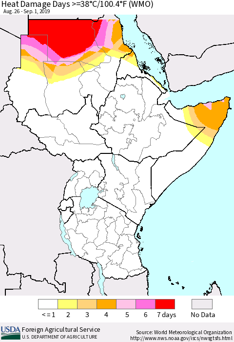 Eastern Africa Heat Damage Days >=38°C/100°F (WMO) Thematic Map For 8/26/2019 - 9/1/2019