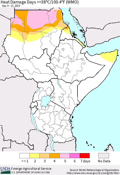 Eastern Africa Heat Damage Days >=38°C/100°F (WMO) Thematic Map For 9/9/2019 - 9/15/2019
