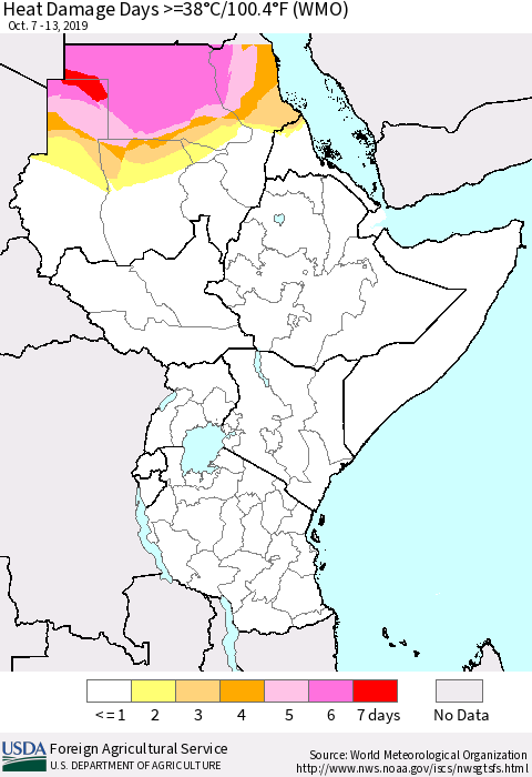 Eastern Africa Heat Damage Days >=38°C/100°F (WMO) Thematic Map For 10/7/2019 - 10/13/2019