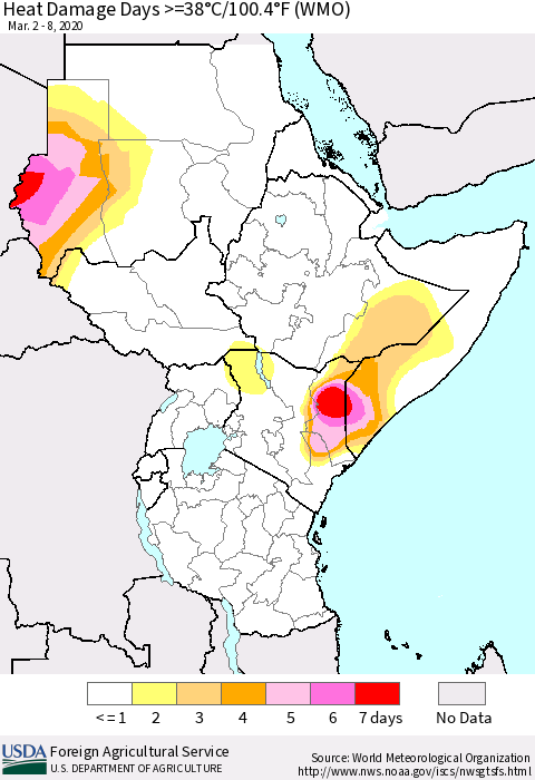 Eastern Africa Heat Damage Days >=38°C/100.4°F (WMO) Thematic Map For 3/2/2020 - 3/8/2020