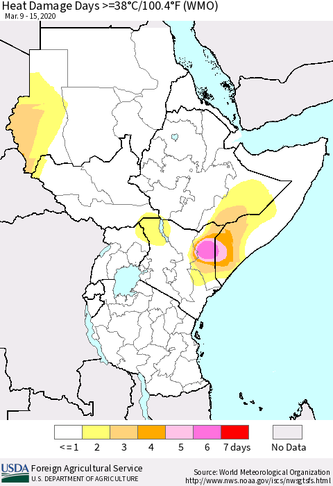 Eastern Africa Heat Damage Days >=38°C/100°F (WMO) Thematic Map For 3/9/2020 - 3/15/2020