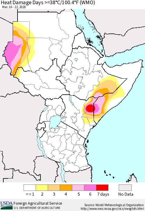 Eastern Africa Heat Damage Days >=38°C/100°F (WMO) Thematic Map For 3/16/2020 - 3/22/2020