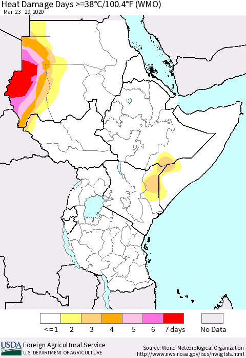 Eastern Africa Heat Damage Days >=38°C/100°F (WMO) Thematic Map For 3/23/2020 - 3/29/2020