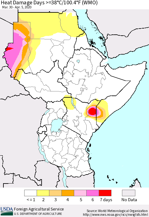 Eastern Africa Heat Damage Days >=38°C/100.4°F (WMO) Thematic Map For 3/30/2020 - 4/5/2020