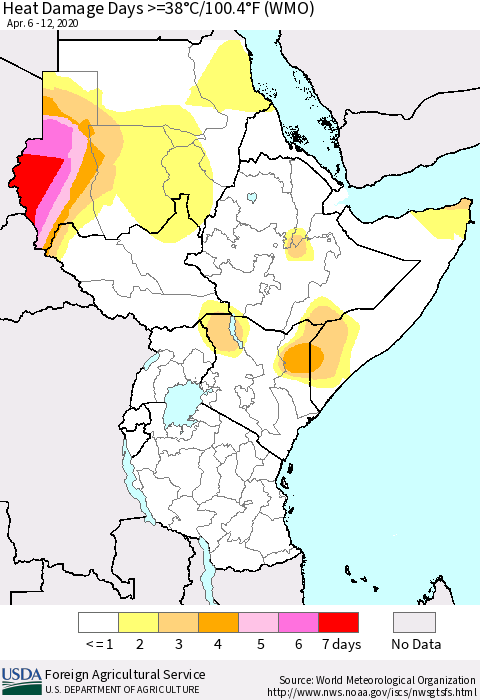 Eastern Africa Heat Damage Days >=38°C/100°F (WMO) Thematic Map For 4/6/2020 - 4/12/2020