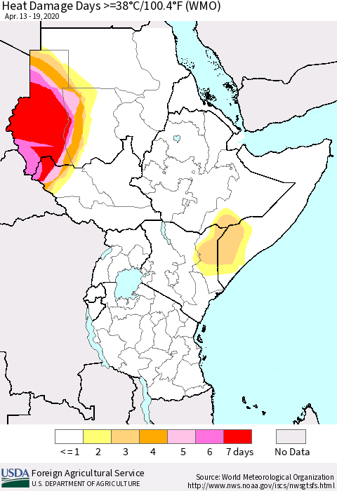 Eastern Africa Heat Damage Days >=38°C/100°F (WMO) Thematic Map For 4/13/2020 - 4/19/2020