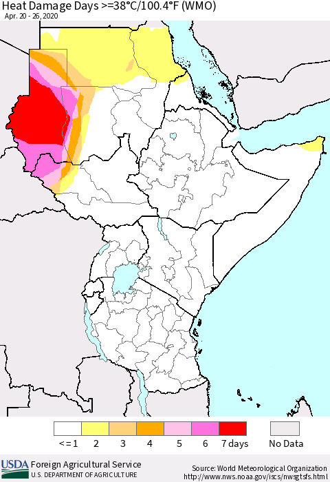 Eastern Africa Heat Damage Days >=38°C/100°F (WMO) Thematic Map For 4/20/2020 - 4/26/2020
