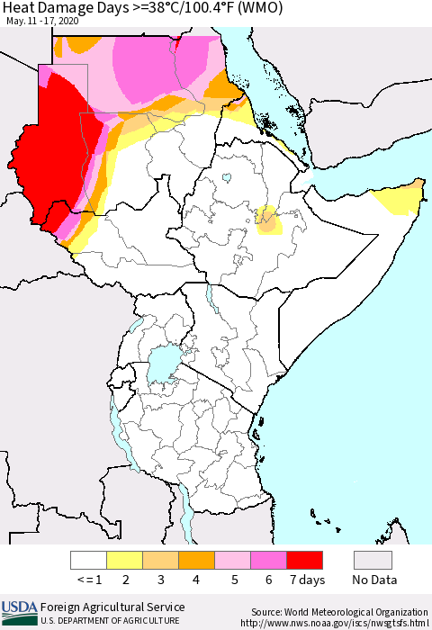 Eastern Africa Heat Damage Days >=38°C/100.4°F (WMO) Thematic Map For 5/11/2020 - 5/17/2020