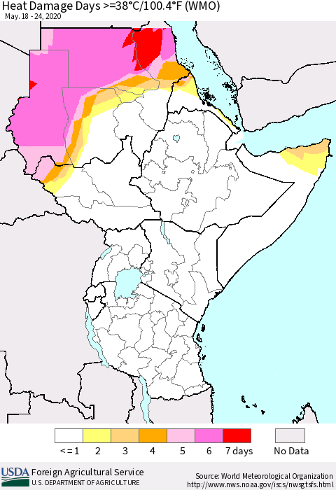 Eastern Africa Heat Damage Days >=38°C/100.4°F (WMO) Thematic Map For 5/18/2020 - 5/24/2020