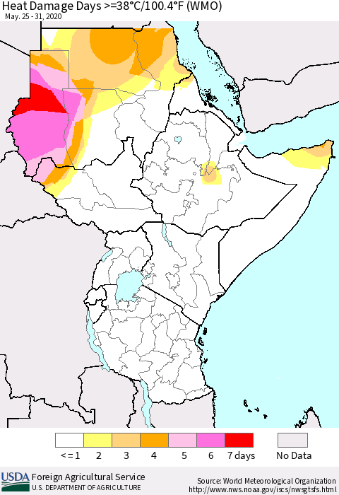 Eastern Africa Heat Damage Days >=38°C/100°F (WMO) Thematic Map For 5/25/2020 - 5/31/2020