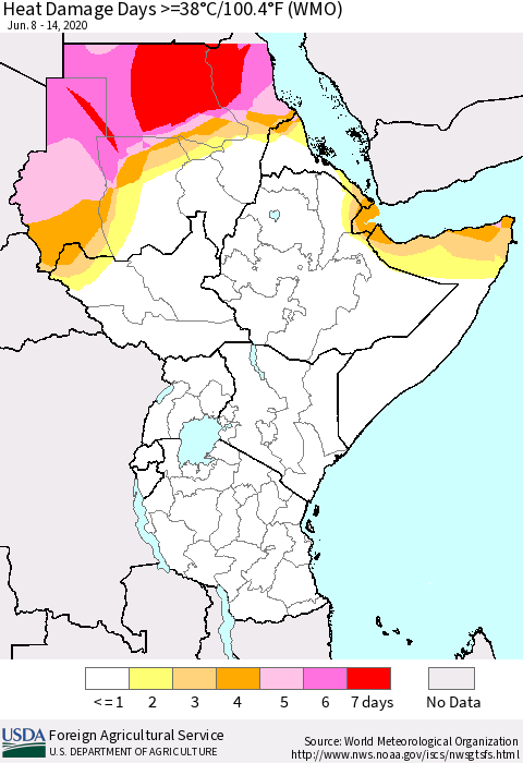 Eastern Africa Heat Damage Days >=38°C/100°F (WMO) Thematic Map For 6/8/2020 - 6/14/2020