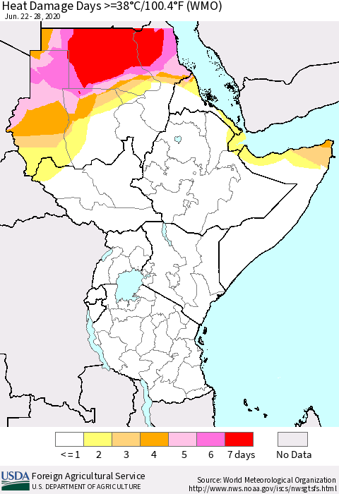Eastern Africa Heat Damage Days >=38°C/100°F (WMO) Thematic Map For 6/22/2020 - 6/28/2020
