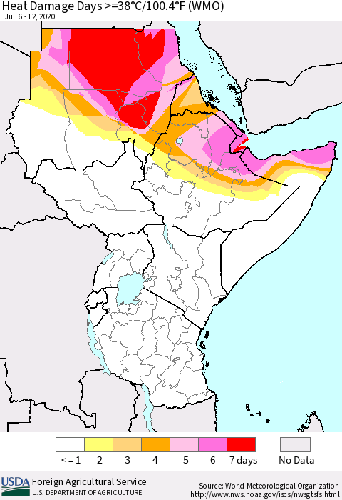Eastern Africa Heat Damage Days >=38°C/100.4°F (WMO) Thematic Map For 7/6/2020 - 7/12/2020