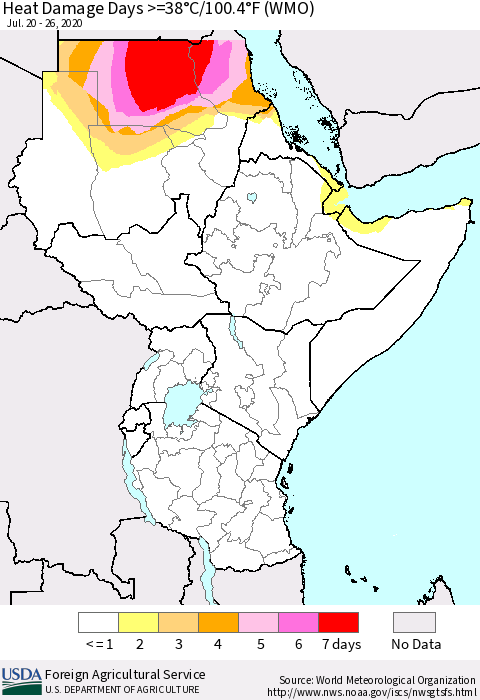 Eastern Africa Heat Damage Days >=38°C/100.4°F (WMO) Thematic Map For 7/20/2020 - 7/26/2020