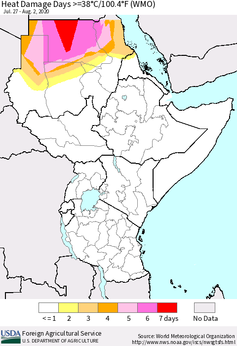 Eastern Africa Heat Damage Days >=38°C/100.4°F (WMO) Thematic Map For 7/27/2020 - 8/2/2020