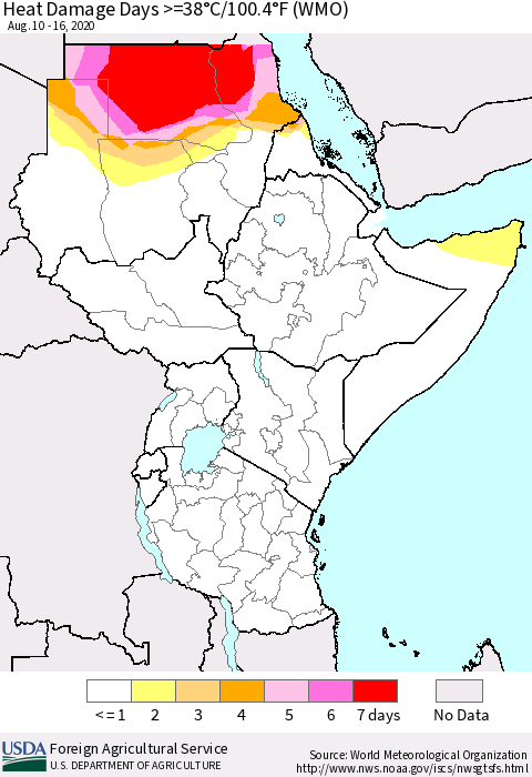 Eastern Africa Heat Damage Days >=38°C/100°F (WMO) Thematic Map For 8/10/2020 - 8/16/2020