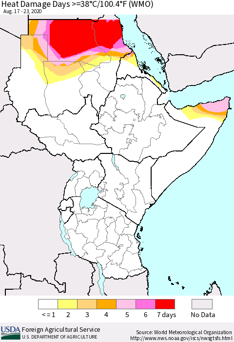 Eastern Africa Heat Damage Days >=38°C/100°F (WMO) Thematic Map For 8/17/2020 - 8/23/2020