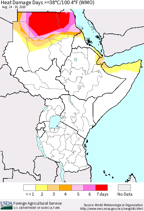 Eastern Africa Heat Damage Days >=38°C/100°F (WMO) Thematic Map For 8/24/2020 - 8/30/2020