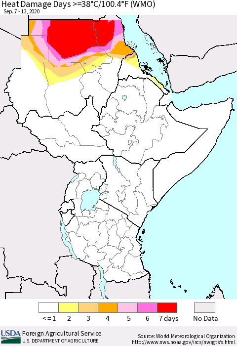 Eastern Africa Heat Damage Days >=38°C/100°F (WMO) Thematic Map For 9/7/2020 - 9/13/2020