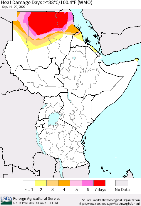 Eastern Africa Heat Damage Days >=38°C/100.4°F (WMO) Thematic Map For 9/14/2020 - 9/20/2020