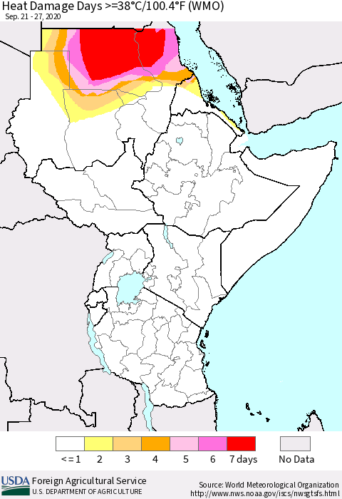 Eastern Africa Heat Damage Days >=38°C/100.4°F (WMO) Thematic Map For 9/21/2020 - 9/27/2020