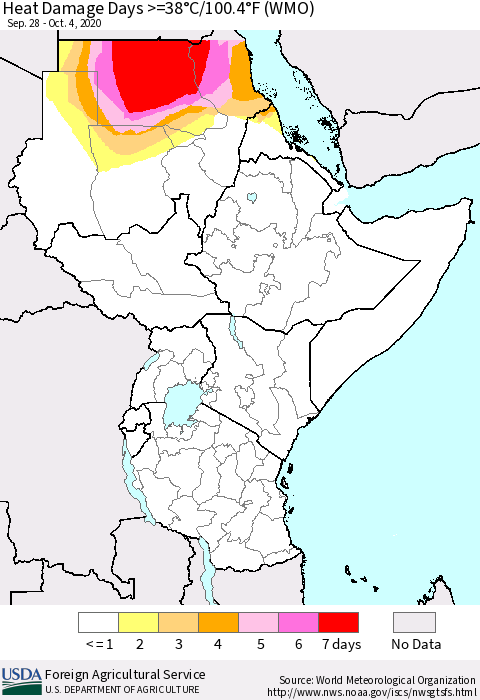 Eastern Africa Heat Damage Days >=38°C/100°F (WMO) Thematic Map For 9/28/2020 - 10/4/2020