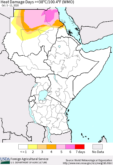 Eastern Africa Heat Damage Days >=38°C/100.4°F (WMO) Thematic Map For 10/5/2020 - 10/11/2020