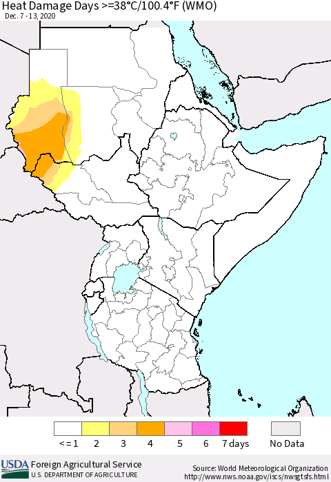 Eastern Africa Heat Damage Days >=38°C/100°F (WMO) Thematic Map For 12/7/2020 - 12/13/2020