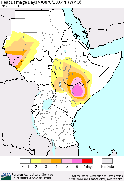 Eastern Africa Heat Damage Days >=38°C/100.4°F (WMO) Thematic Map For 3/1/2021 - 3/7/2021