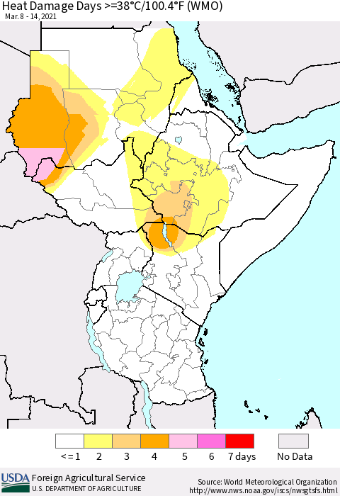 Eastern Africa Heat Damage Days >=38°C/100°F (WMO) Thematic Map For 3/8/2021 - 3/14/2021