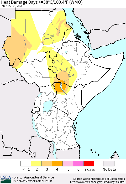 Eastern Africa Heat Damage Days >=38°C/100.4°F (WMO) Thematic Map For 3/15/2021 - 3/21/2021