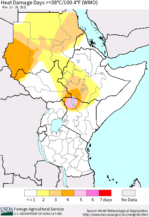 Eastern Africa Heat Damage Days >=38°C/100.4°F (WMO) Thematic Map For 3/22/2021 - 3/28/2021