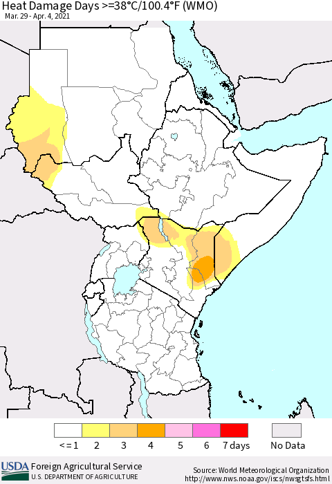 Eastern Africa Heat Damage Days >=38°C/100.4°F (WMO) Thematic Map For 3/29/2021 - 4/4/2021