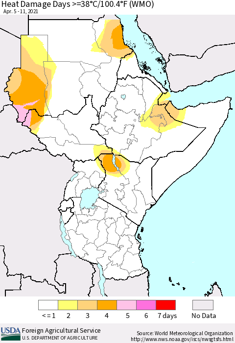 Eastern Africa Heat Damage Days >=38°C/100°F (WMO) Thematic Map For 4/5/2021 - 4/11/2021