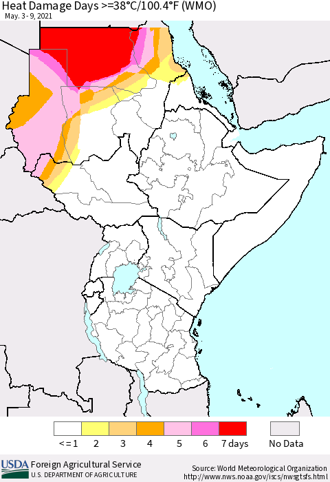 Eastern Africa Heat Damage Days >=38°C/100.4°F (WMO) Thematic Map For 5/3/2021 - 5/9/2021