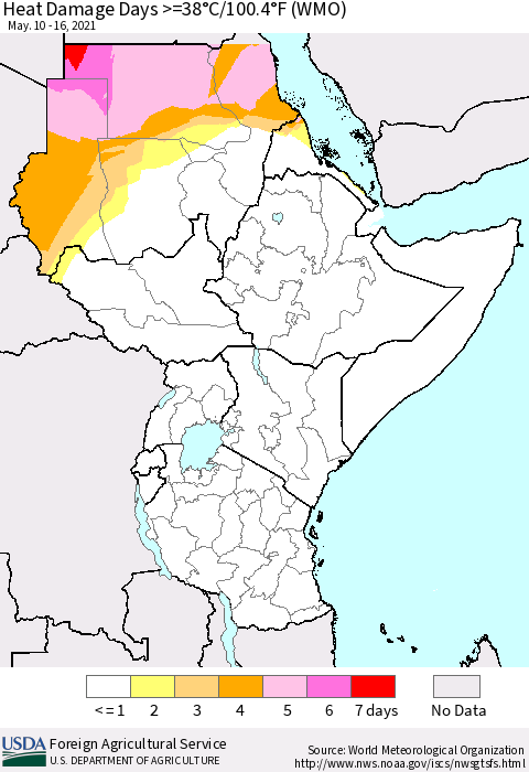 Eastern Africa Heat Damage Days >=38°C/100.4°F (WMO) Thematic Map For 5/10/2021 - 5/16/2021
