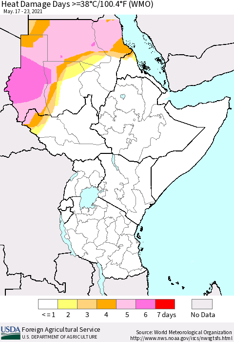 Eastern Africa Heat Damage Days >=38°C/100°F (WMO) Thematic Map For 5/17/2021 - 5/23/2021