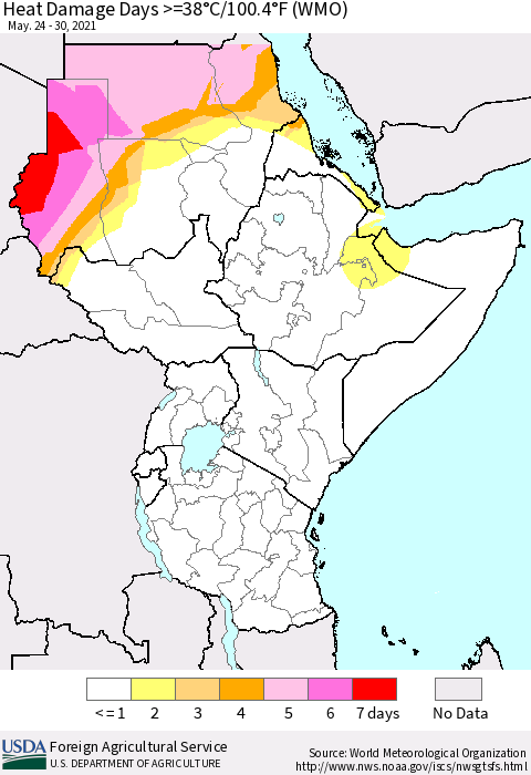 Eastern Africa Heat Damage Days >=38°C/100.4°F (WMO) Thematic Map For 5/24/2021 - 5/30/2021