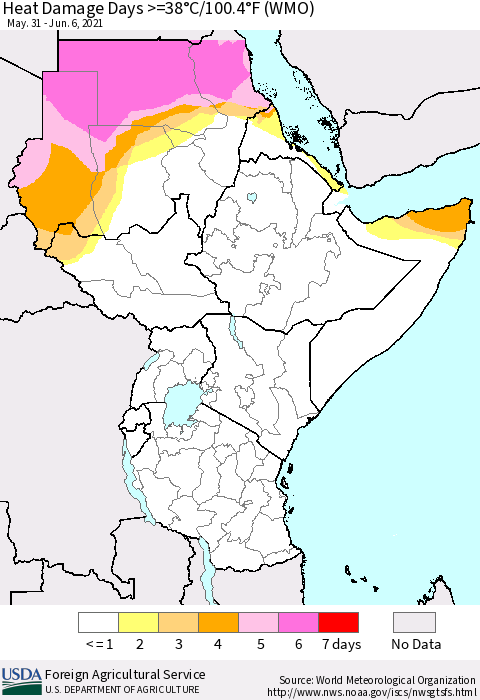 Eastern Africa Heat Damage Days >=38°C/100.4°F (WMO) Thematic Map For 5/31/2021 - 6/6/2021