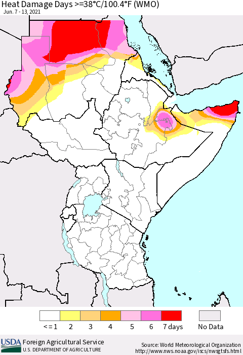 Eastern Africa Heat Damage Days >=38°C/100.4°F (WMO) Thematic Map For 6/7/2021 - 6/13/2021