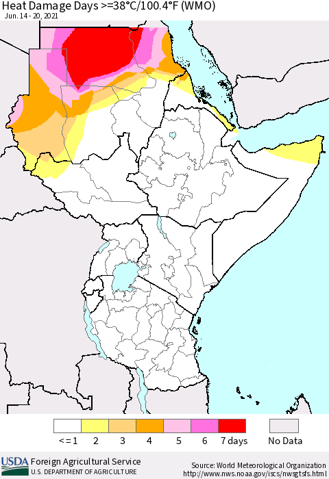 Eastern Africa Heat Damage Days >=38°C/100.4°F (WMO) Thematic Map For 6/14/2021 - 6/20/2021