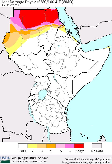 Eastern Africa Heat Damage Days >=38°C/100.4°F (WMO) Thematic Map For 6/21/2021 - 6/27/2021