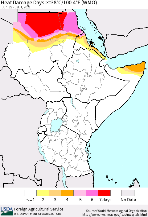 Eastern Africa Heat Damage Days >=38°C/100.4°F (WMO) Thematic Map For 6/28/2021 - 7/4/2021