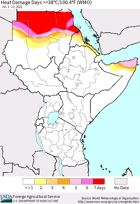 Eastern Africa Heat Damage Days >=38°C/100.4°F (WMO) Thematic Map For 7/5/2021 - 7/11/2021