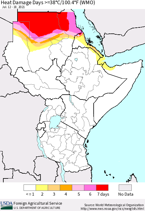 Eastern Africa Heat Damage Days >=38°C/100.4°F (WMO) Thematic Map For 7/12/2021 - 7/18/2021