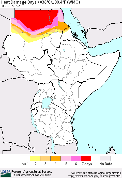 Eastern Africa Heat Damage Days >=38°C/100.4°F (WMO) Thematic Map For 7/19/2021 - 7/25/2021