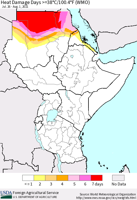 Eastern Africa Heat Damage Days >=38°C/100.4°F (WMO) Thematic Map For 7/26/2021 - 8/1/2021