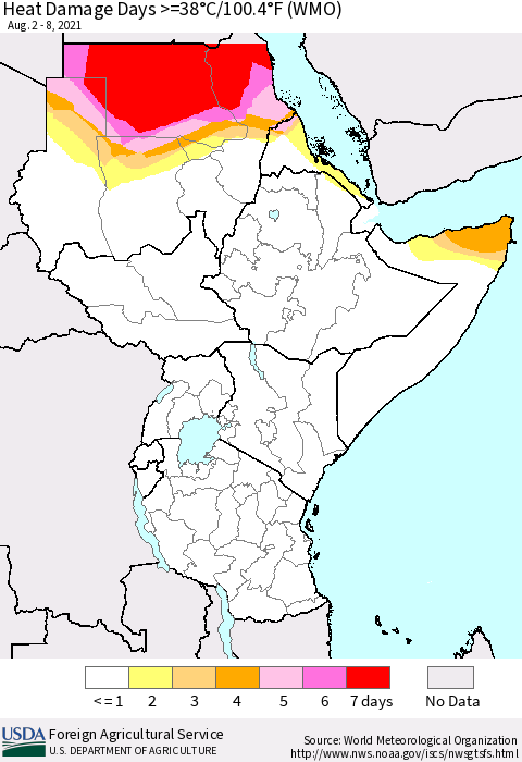 Eastern Africa Heat Damage Days >=38°C/100°F (WMO) Thematic Map For 8/2/2021 - 8/8/2021