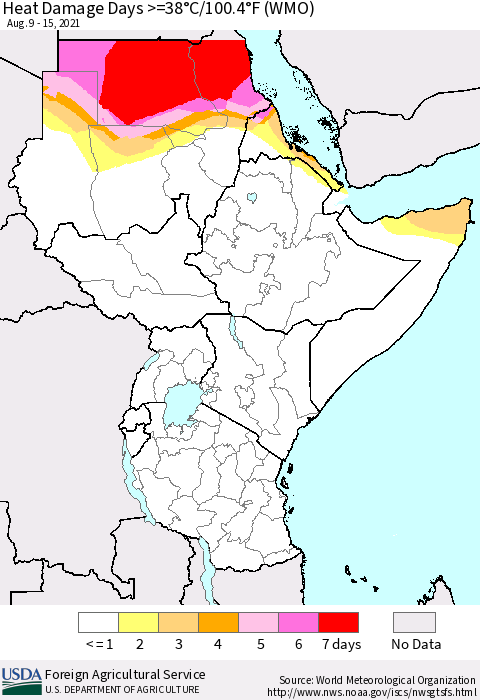 Eastern Africa Heat Damage Days >=38°C/100.4°F (WMO) Thematic Map For 8/9/2021 - 8/15/2021