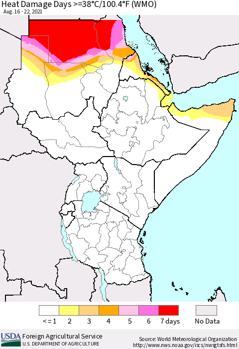 Eastern Africa Heat Damage Days >=38°C/100.4°F (WMO) Thematic Map For 8/16/2021 - 8/22/2021